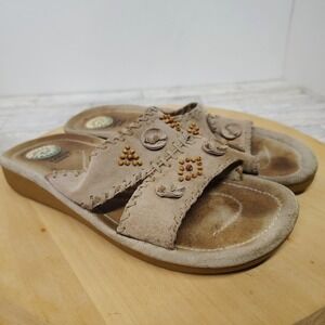 Boho‎ Comfort Slide Sandals Suede Leather Stitch Beaded Detail Womens Sz 8 (F8)